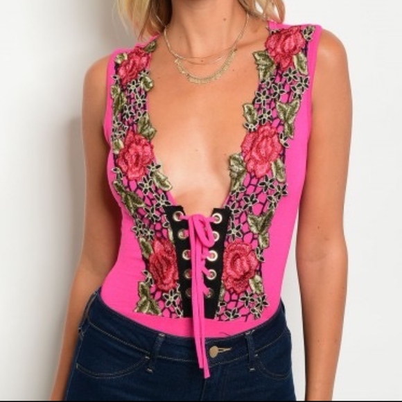 Sexy & Flirty Fuchsia floral lace up Body suit. - Picture 2 of 8